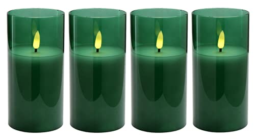 Hochwertige LED Adventskerzen im Glas - 4er Kerzenset / Sparset - Timer - Realistisch Flackernd - Kerze Weihnachten / Weihnachtskerzen / Adventskranz (Grün, Groß - Höhe 15cm / Ø 7,5cm)