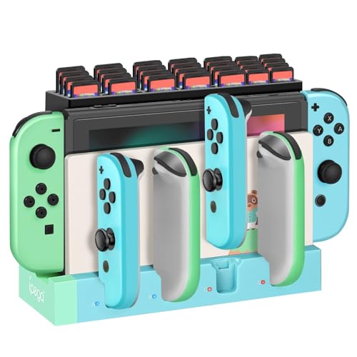TNP Switch Joy-con Charger with 28 Game Cards Storage Holder for Nintendo Switch Charging Dock Station Base Add-On Mod, Support 4 Joycon Controller with Individual LED Charging Indicator (Green, Blue)