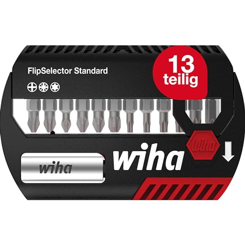Wiha Bit Set FlipSelector Standard 25 mm Phillips, Pozidriv, TORX® 14-tlg. 1/4" mit Gürtelclip in Blister (39061), Bithalter, Set, Öffnen per Knopfdruck, schneller Bitwechsel, passt in die Hosentasche