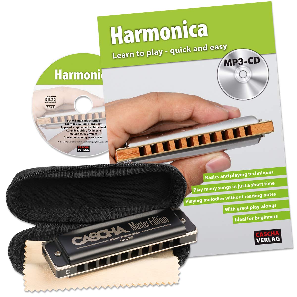CASCHA Mundharmonika Lern-Set inklusive hochwertiger Harmonika in C-Dur diatonisch, Englischer Einsteiger Schule, Case und Pflegetuch, ideal für Anfänger und Erwachsene