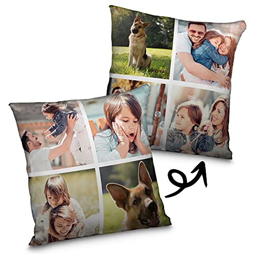 LolaPix Personalisierte Fotokissen. Fotogeschenke. Personalisiertes Kissen. Beidseitig vollflächig bis zur Naht Bedruckt. Bis zu 8 Fotos. Größe 40 cm. 4+4 Fotos