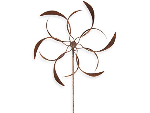 Metall Windrad 'Blume' - massives Windspiel Windmühle für den Garten - wetterfest und standfest - mit besten Kugellagern - aus Vollmetall mit Edelrost-Patina – Höhe 177 cm