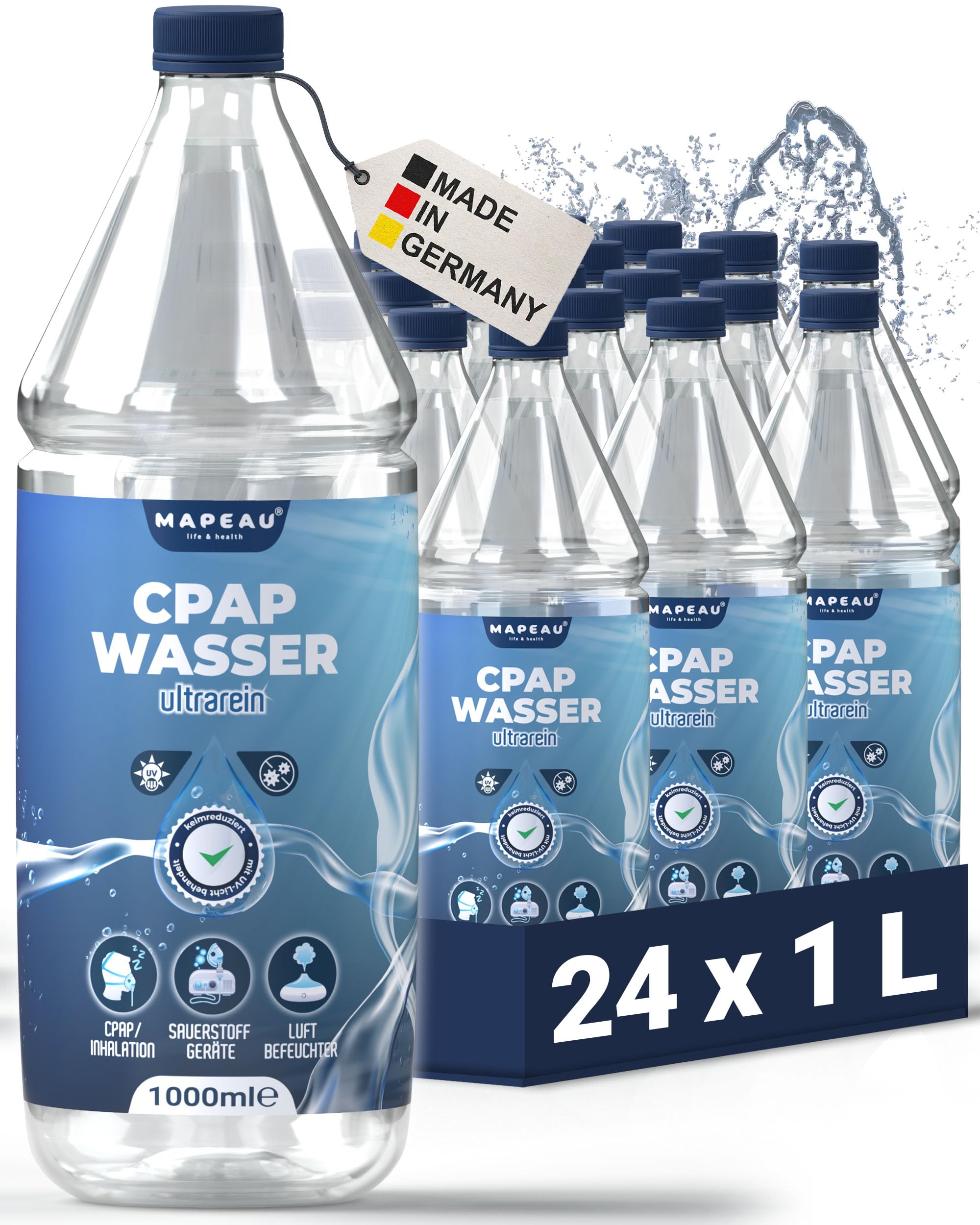 Mapeau 24L CPAP Wasser für Sauerstoffgeräte Befeuchter keimreduziert, CPAP Luftbefeuchter, Inhalator, rein, für Atemgerät, Mapeau (24x 1 Liter)
