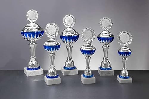 eberin · Pokal Leon, Silber-blau, mit Wunschtext, individuellem Motiv-Emblem, wählbar in 6 Größen, oder als 6er-Serie, Größe 31,5 cm