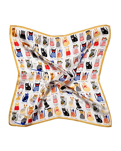 MayTree Seidentuch, buntes Halstuch für Damen, Nickituch aus 100% Maulbeer-Seide, quadratisch Katzen 53x53 (weiß)