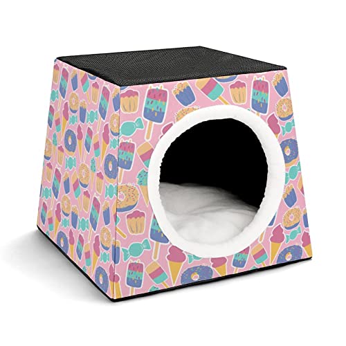 Bedruckte Katzenhäuser & Katzenhöhle Süß Faltbarer Katzenwürfel Katzenbett Katzensofa mit Abnehmbarem Kissen Schönes Süßigkeitsbrot