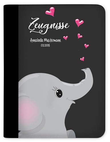 Zeugnismappe / Dokumentemappe mit Name personalisiert Elefant verliebt Schwarz schwarz