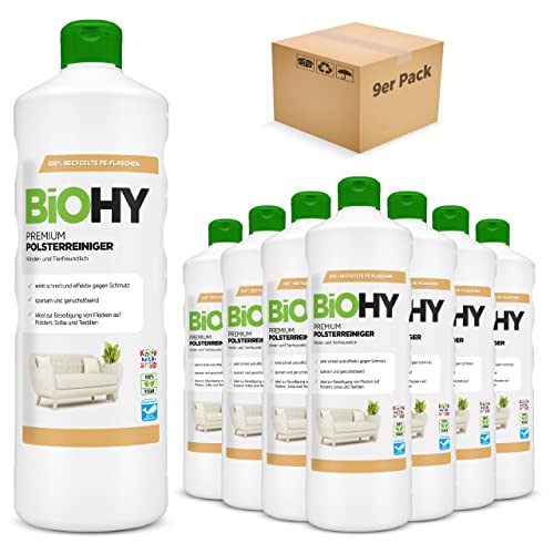 BiOHY Premium Polsterreiniger (9 x 1 Liter) | Bio Konzentrat für Polstermöbel, Sofas, Teppiche & Textilien | für Nasssauger & andere Geräte geeignet| geruchslösender Fleckentferner