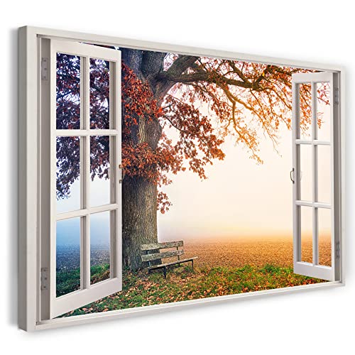 Printistico Leinwandbild (100x70cm) Fensterblick - Bank unter Baum Herbst Nebel Blätter Natur - Natur-Fotografie, echter Holz-Keilrahmen inkl. Aufhänger, handgefertigt in Deutschland
