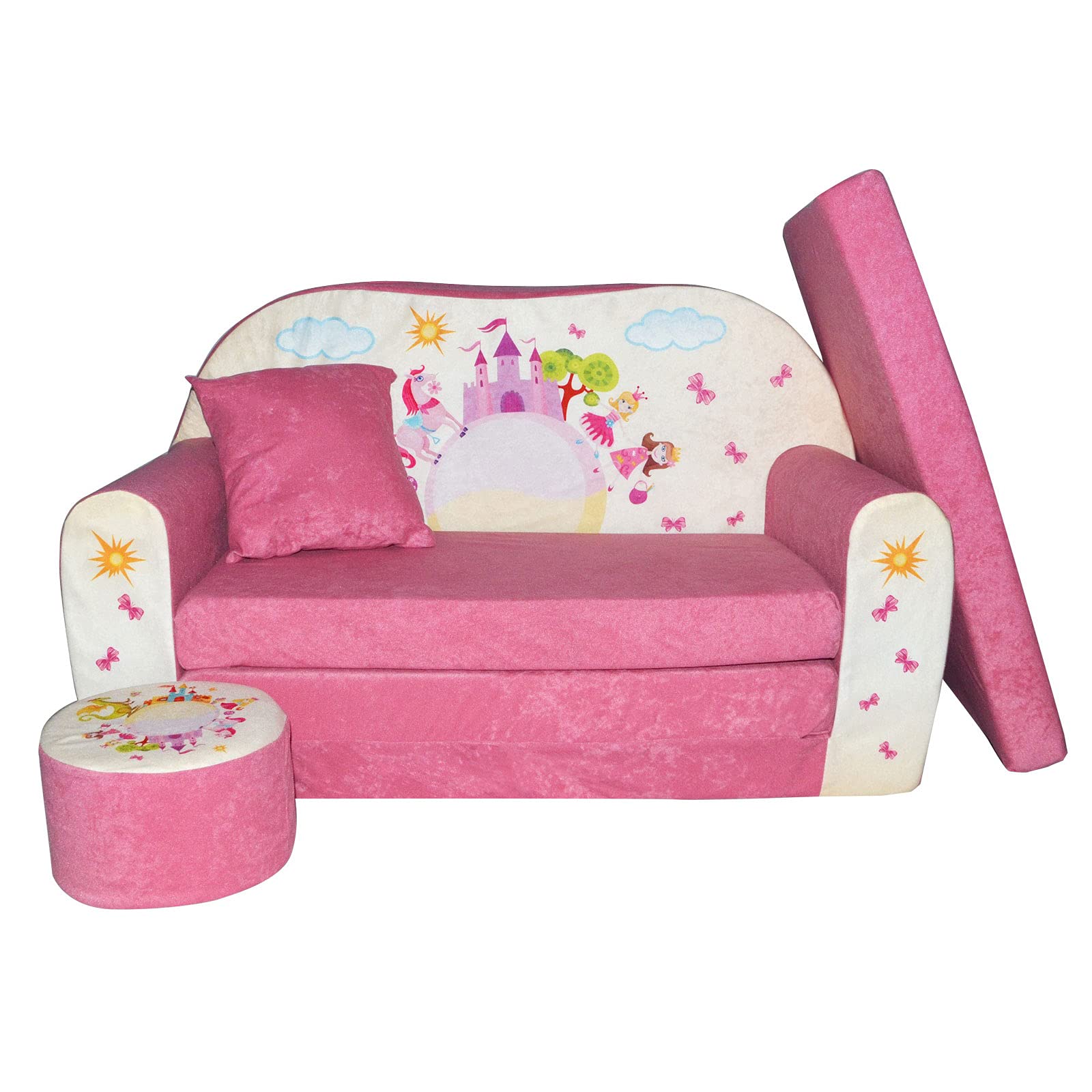 FORTISLINE Kindersofa Kindercouch Aufklappen Bettfunktion + Hocker W319 2 Viele Muster (Pink Castle)
