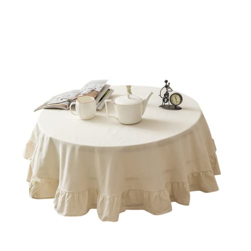 Runde Tischdecke aus Weiße Baumwoll 160x160 cm, Rüschen Design Tischtuch, Pflegeleichte Abwaschbare Tischdecke, Küchentischdekoration Tischdecken, Couchtischabdeckung