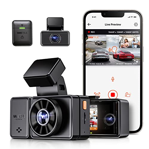 VANTRUE E3 3 Lens Dashcam Auto 1944P+1080P+1080P mit Sprachsteuerung, eingebautes 5GHz WiFi GPS, 360°Vorne Hinten, Sternenlicht+IR Nachtsicht, 24Std. Puffer Parkmodus Dash Cam, Loopaufnahme, Max 512G