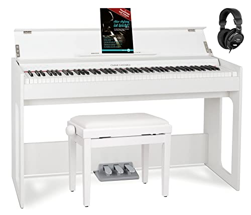 Classic Cantabile DP-S1 WM E-Piano Set - 88 gewichtete Tasten mit Hammermechanik und Anschlagdynamik - 10 Klänge - Slimline-Design - Spar-Set inkl. Klavierbank, Kopfhörer & Schule - Weiß matt