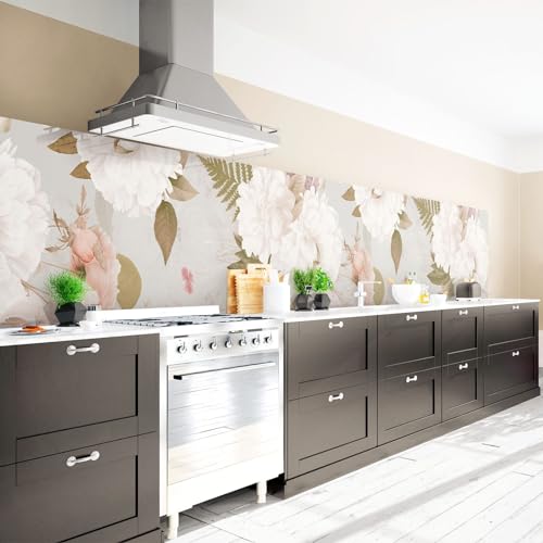 Arcondo Küchenrückwand Spritzschutz Selbstklebend mit Motiv Florale Collage mit Blüten und Knospen Folie Premium Glanz 50 x 90 cm