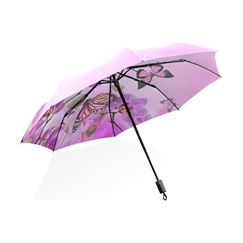 ISAOA Automatischer Reise-Regenschirm, kompakt, faltbar, mit rosa Schmetterlingen auf Blume, winddicht, ultraleicht, UV-Schutz, Regenschirm für Damen und Herren