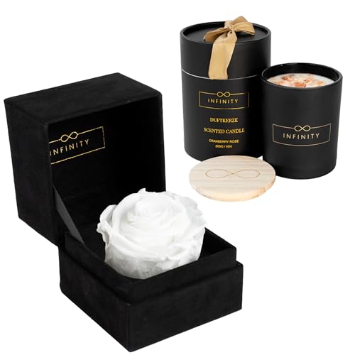 Infinity Flowerbox - Geschenkset Velvet Candle - 1 Infinity Rose mit Duftkerze im Set - 3 Jahre haltbare Rose & Cranberry Rose Duftkerze - Direkt als Geschenk verpackt