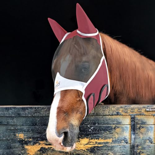 Horses Pro Fly Fliegenmaske, leicht und atmungsaktiv, behindert nicht das Sichtfeld des Pferdes, Augen- und Ohrenschutz (M, Bordeaux/Weiß)