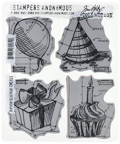 Stampers Anonymous Tim Holtz Haftende Stempelsets, künstlerische Werkzeuge, Gummistempel Birthday Blueprint blau