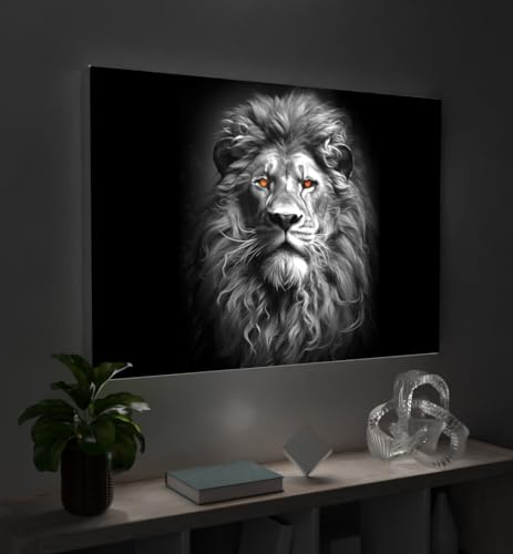 MyMaxxi - Pixlip Poster Löwenporträt schwarz weiß Wandbild Design Wand Dekoration, Foto schwarz grau Leuchtrahmen - Löwe, 84x60 cm, Rahmen: nur Druck