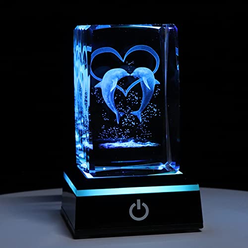 Qianwei Kristallglas-Delfin-Modell, 3D-Lasergravur, Kristall-Delfin-Figur, Kristallglas-Würfel, Gravur, Delfine, Geschenke für Frauen oder Kinder zum Geburtstag