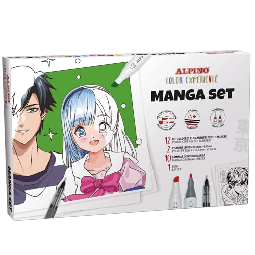 Alpino Manga-Starter-Set | Lieferumfang: 12 x Sketch Marker Doppelspitze Color Experience, 2 x pigmentierte Fineliner, 0,5 und 0,8 mm, 10 x Manga und eine Schritt-für-Schritt-Anleitung zum Malen.