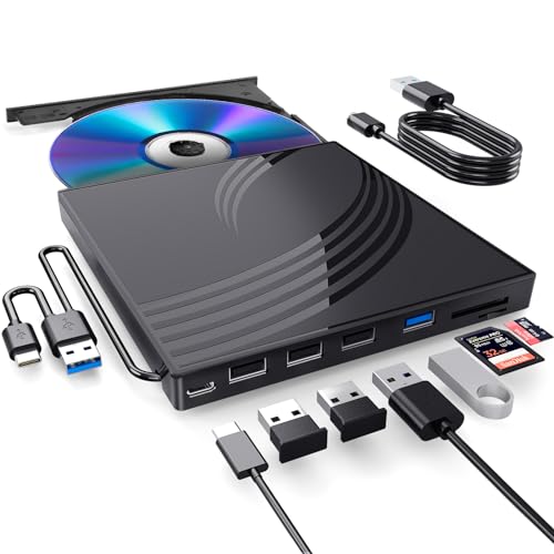 Externes CD/DVD-Laufwerk für Laptop, ultradünner CD-Brenner, USB 3.0 Hub mit 4 USB-Anschlüssen, 2 TF/SD-Kartensteckplätzen, 1 Typ-C-Anschluss, DVD-Player für Laptop, kompatibel mit Mac