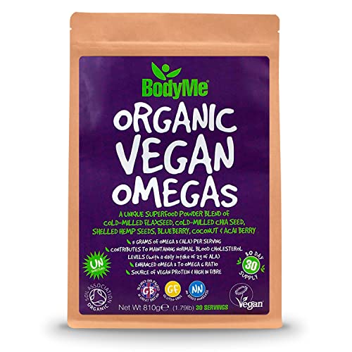 BodyMe Bio Veganes Omegas Pulver | 810g | Veganes Omega 3 6 9 Mischung | Mit Gemahlener Leinsamen Gemahlener Chiasamen Hanfsamen Gefriergetrocknete Heidelbeere Kokosnuss Gefriergetrocknete Acaibeere