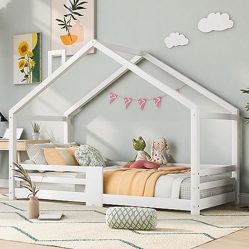 Kinderbett Hausbett mit Schornstein | Rausfallschutz| Robuste Lattenroste |Kiefernholz Haus Bett für Kinder, 90 x 200 cm (Weiß)