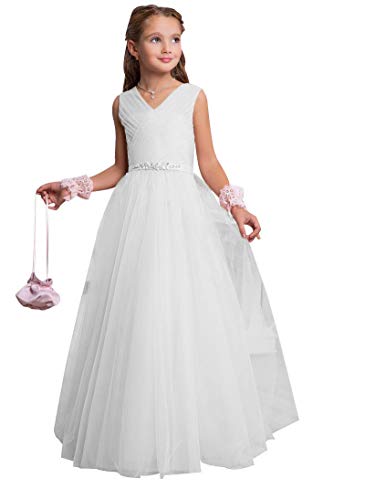 CLLA dress Mädchen V-Ausschnitt Blumenmädchenkleid A-Linie Tüll Lang Hochzeit Fest Mädchen Kleid mit Strass Bunch Kinderkleid Partykleid Kommunionkleid(Weiß,11-12 Jahre)