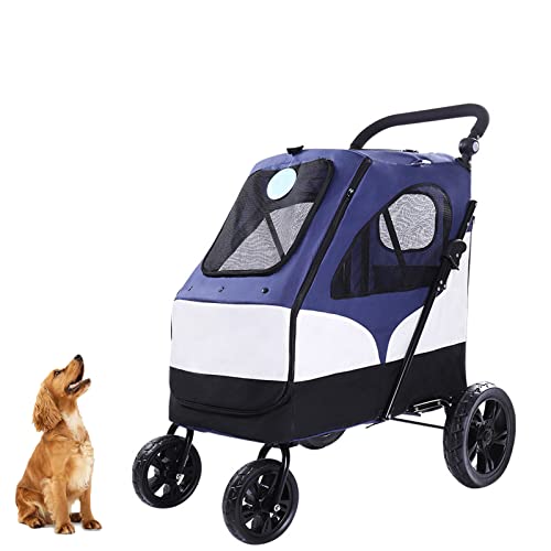 Hundewagen für mittelgroße Hunde - Faltbarer 4-Rad-Kinderwagen, Einstieg von hinten/vorne, atmungsaktives Netz, große Kapazität bis zu 121 lbs,Blau