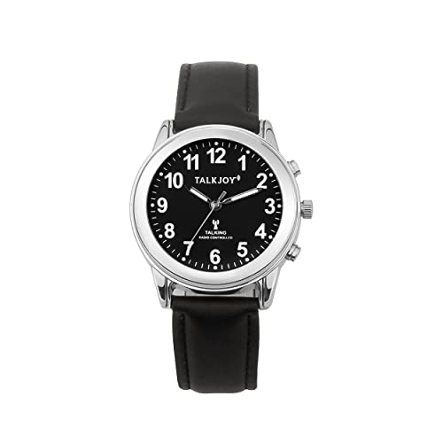 Sprechende Funkuhr schwarzes Zifferblatt Damen Armbanduhr Uhr Lederarmband Seniorenuhr Blindenuhr