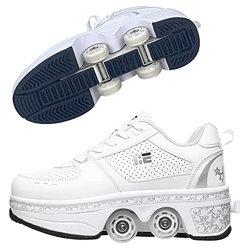HUOQILIN Rollschuh Roller Skates Lauflernschuhe,Sneakers,2in1 Mehrzweckschuhe Schuhe Mit Rollen Skateboardschuhe,Inline-Skate,Verstellbare Quad-Rollschuh Stiefel Skateboardschuhe (White, 38)