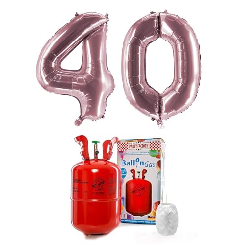PARTY FACTORY Helium Set "40" mit XXL Zahlenballons, Ballongas und Ballonschnur - für Geburtstag, Jubiläum, Jahrestag; Gold, Silber, Schwarz, Pink, Rosa, Rosagold, Bunt (Rosé)