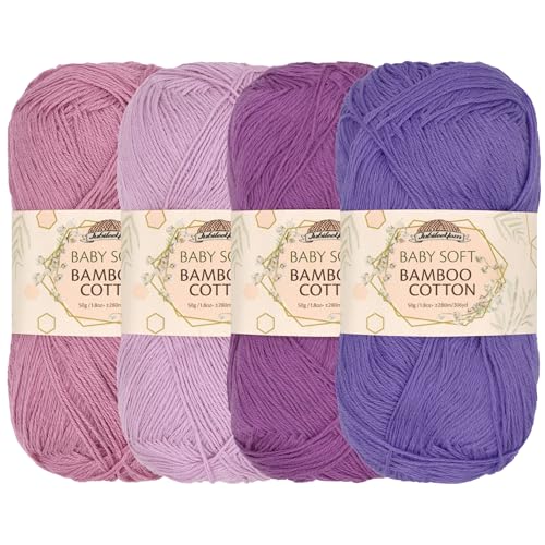 JubileeYarn Baby Soft Bamboo Cotton Yarn - 50g/Strang - Shades of Purple - 4 Knäuel
