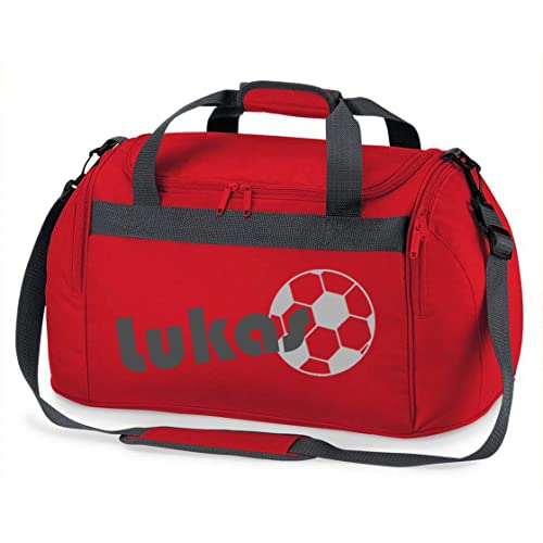 Sporttasche mit Namen | inkl. NAMENSDRUCK | Motiv Fußball | Personalisieren & Bedrucken | Reisetasche Jungen Ball Sport-Verein | blau schwarz (rot)