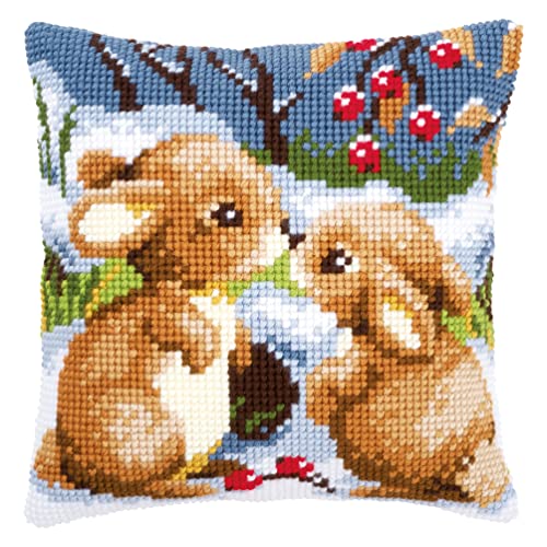 Vervaco Kaninchen im Schnee Kreuzstichkissen/Stickkissen vorgedruckt, Baumwolle, Mehrfarbig, 40 x 40 x 0.3 cm