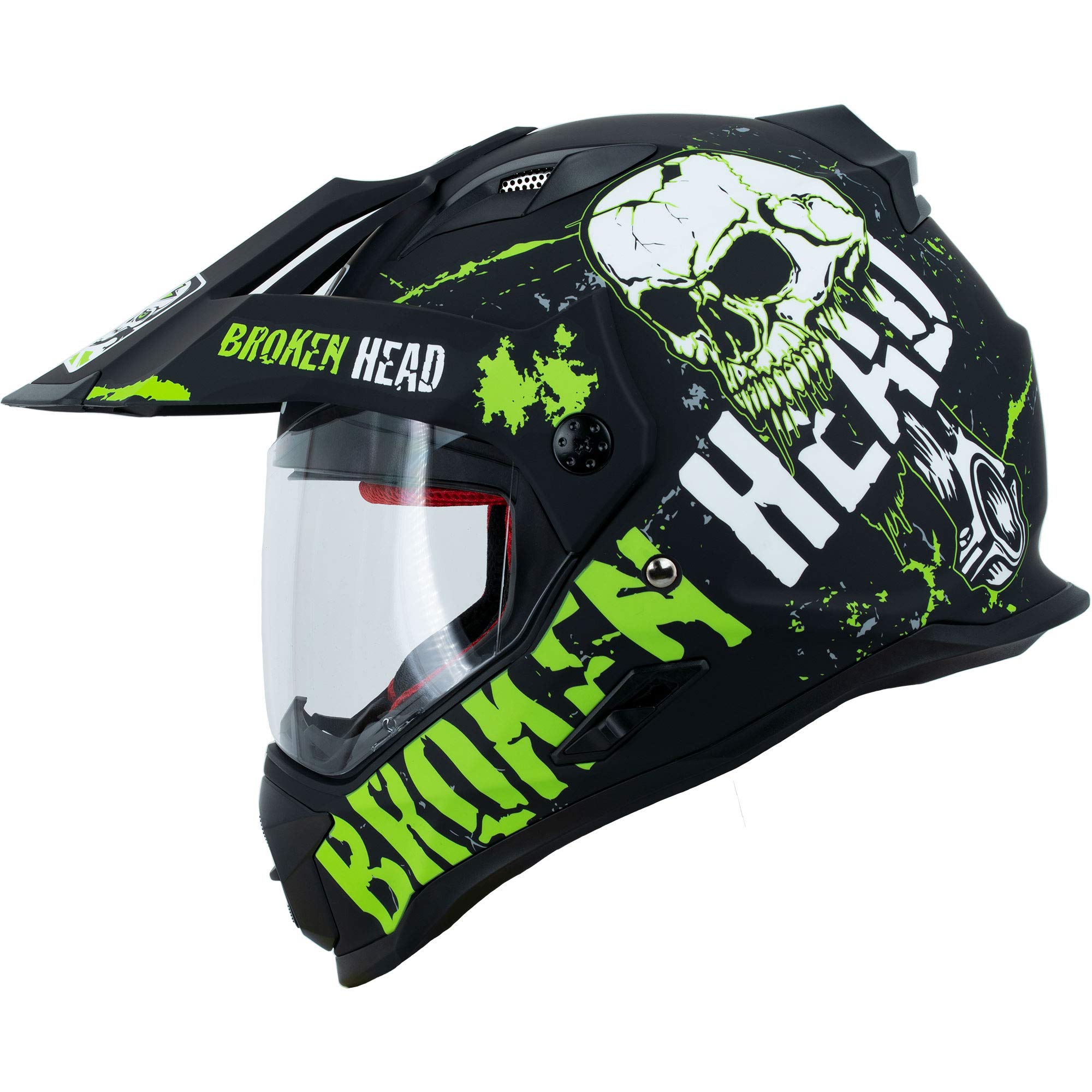 Broken Head Bone Crusher Motocross-Helm Grün mit Visier - Enduro MX Cross-Helm - Motorradhelm mit Sonnenblende (L 59-60 cm)