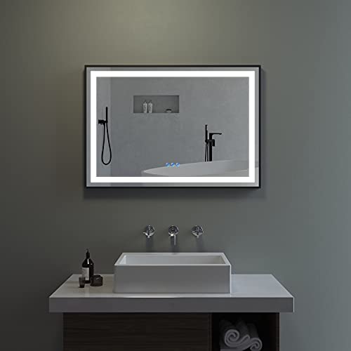 AQUABATOS® 100x70 cm Badspiegel mit LED Beleuchtung Wandspiegel Lichtspiegel Badezimmerspiegel antibeschlag Touch Schalter kaltweiß 6400K warmweiß 3000K dimmbar, Aluminium Rahmen in Schwarz matt