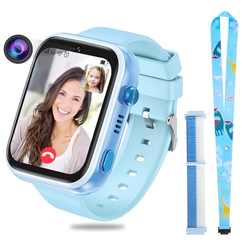 OKYUK 4G Smartwatch für Kinder, GPS-Tracker, mehrere Desktop-Stile zur Auswahl, Zwei-Wege-Anrufe, Bildkompetenz, SOS, WLAN, wasserdichter Touchscreen für 4–12 Jungen und Mädchen (Blau)