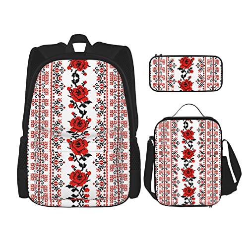 Lawenp Ukrainische Stickerei-Stil Rose Schultasche Set mit DREI Kreuz-Lunch-Beutel Bleistiftbeutel-Set Schultasche für Jungen und Mädchen