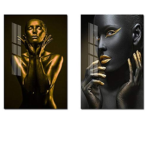 Leinwandbilder Schwarz Gold Afrikanische Kunst Frau Moderne Dekoration Leinwand Malerei Retro Golden und Schwarz Stil Nordic Poster Print 60x80cm/23,6 "x31,5" x 2 Rahmenlos