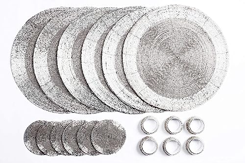 Penguin Home Set mit 18 Glasperlen Platzdeckchen, Untersetzern und Serviettenringen – silberfarben – runde Tischsets – handgefertigt von erfahrenen indischen Kunsthandwerkern –32 cm, 3553