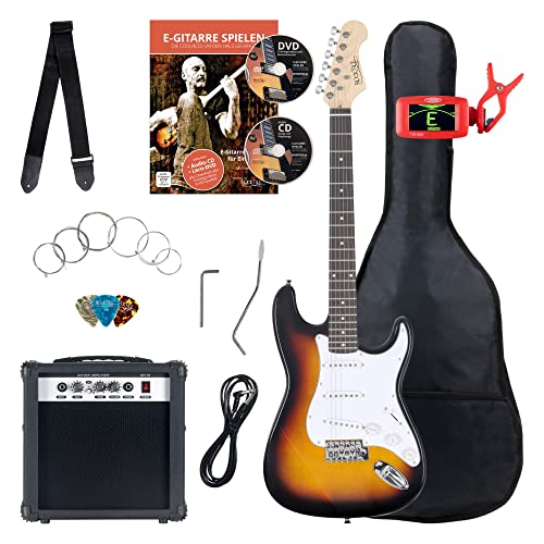 Rocktile ST-Pack Komplettset E-Gitarre Sunburst (Verstärker, Stimmgerät, Tremolo, Tasche, Kabel, Gurt, Plecs, Ersatzsaiten und Schule mit CD/DVD)