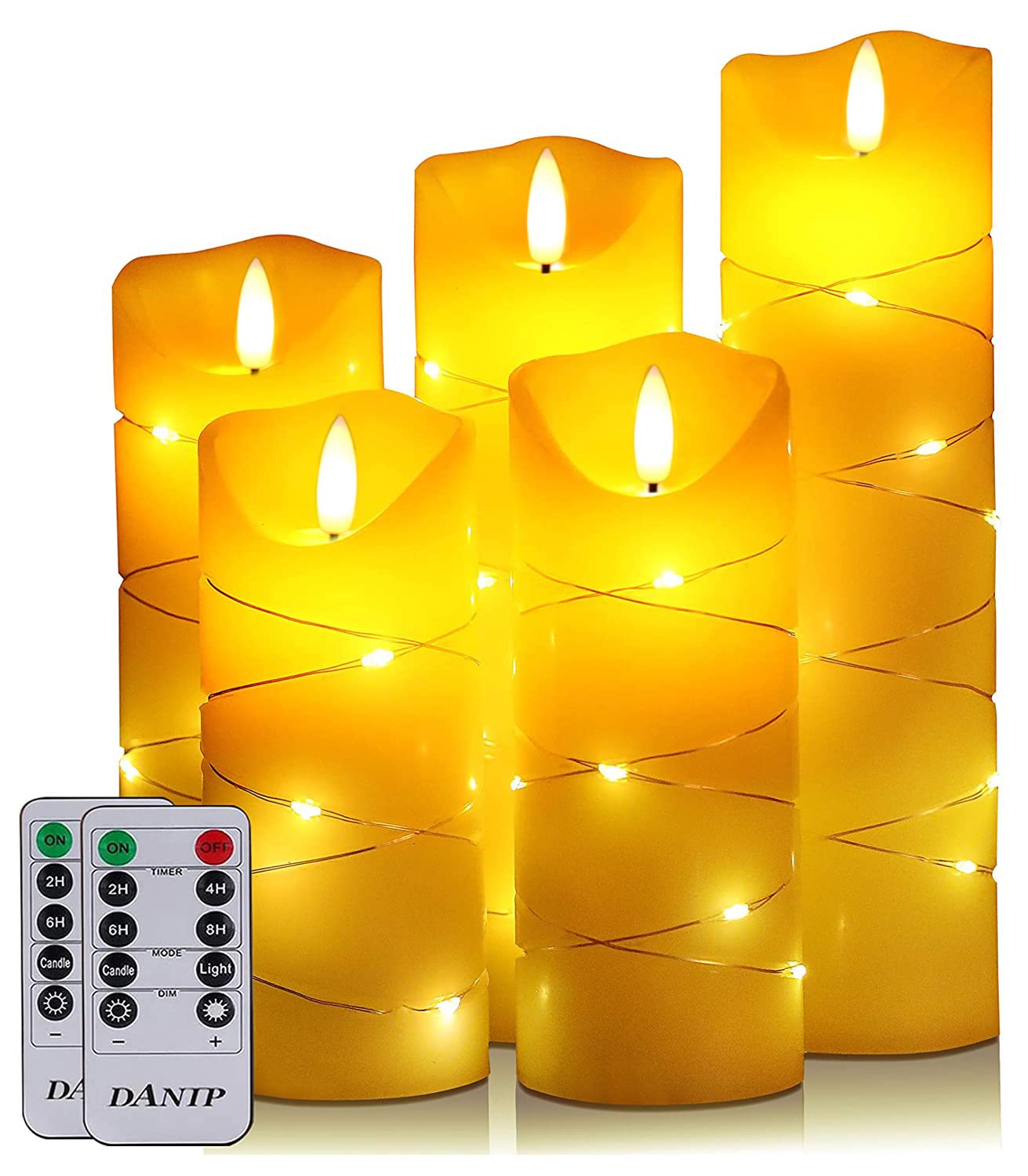 DANIP LED flammenlose Kerze, eingebettetes Lichterketten-Licht, 5-teiliges Set, 11-Knopf-Fernbedienung, 24-Stunden-Timer-Funktion, tanzende Flamme, echtes Wachs, batteriebetrieben. (Weiß)