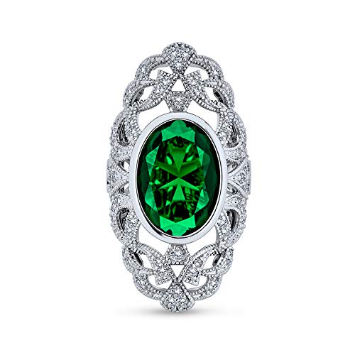 Bling Jewelry Vintage-Stil Filigrane grün Oval Zirkonia Lange volle Finger Statement Ring simuliert Smaragd CZ Silber Platte Messing