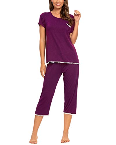 MINTLIMIT Damen Schlafanzug Nachtwäsche Kurz Sommer Kurz Pyjama Set Nachthemd Negligee Set (Purple,Größe XXL)