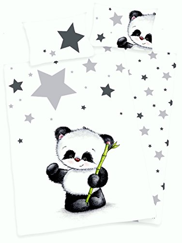 3 tlg. Baby Bettwäsche Wende Motiv: Panda - Flanell 100x135 cm + 40x60 cm + 1 Spannbettlaken 70x140 cm (mit Laken: grau)