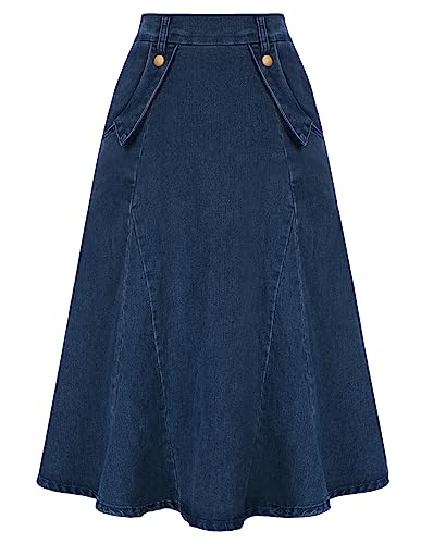 Damen Rock Jeansrock Midi A-Linie Hohe Taille Skirt mit Taschen Vintage Elegant Dunkelblau L