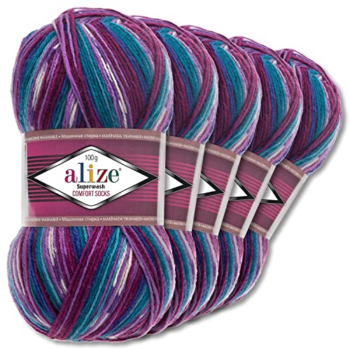 Wohnkult Alize 5x100g Superwash Comfort Sockenwolle 33 Farben zur Auswahl EIN-/Mehrfarbig (4412)