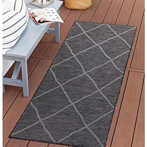 carpet city Outdoor Teppich Terrasse Wetterfest - 80x150 cm - Balkonteppich Graphit - Raute Muster - In-& Outdoor Teppiche für Veranda, Garten, Küche, Bad oder Wohnzimmer